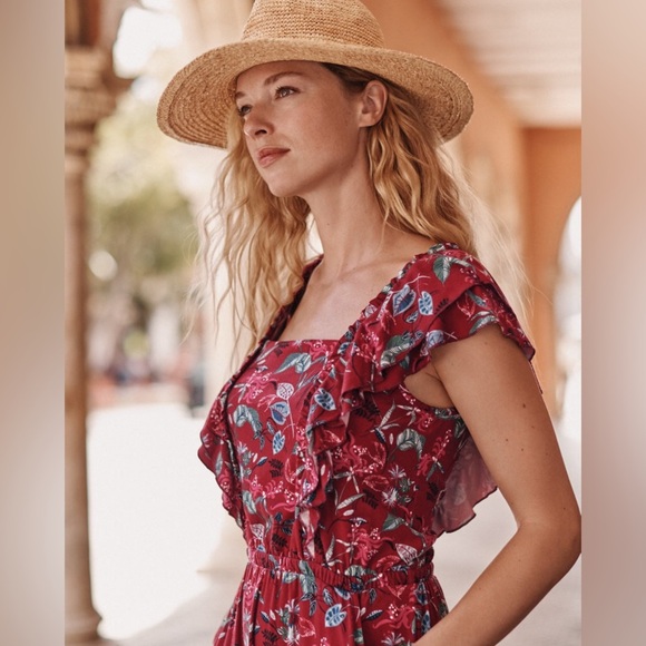 Garnet Hill Red Floral Ruffle Sleeve Maxi Dress - Picture 2 of 12